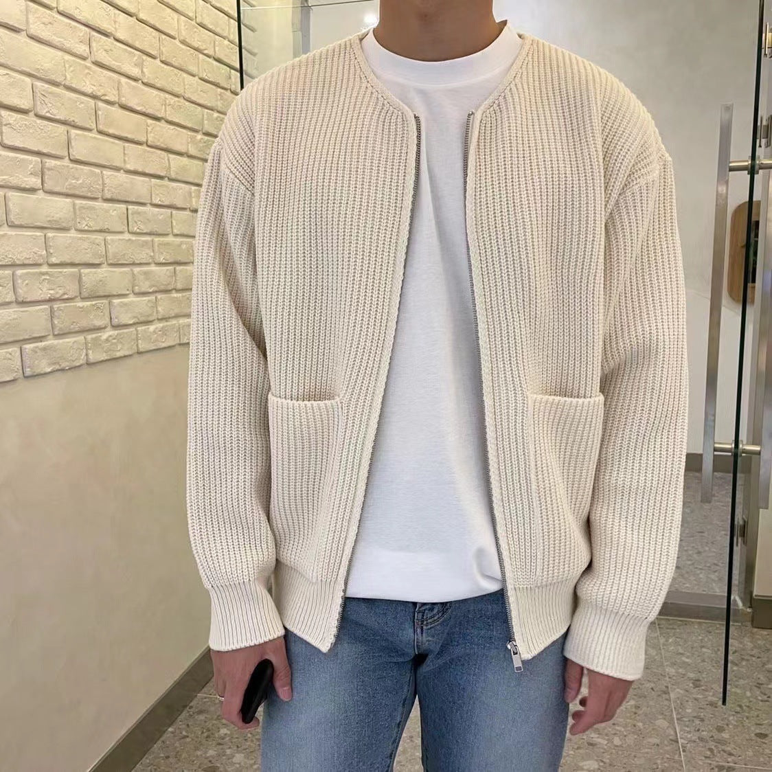 Herren-Strickjacke mit Reißverschluss, gefüttert, Trichterhals, Pullover, Taschen, Mantel, für alle Jahreszeiten, bequem, weich, lange Ärmel