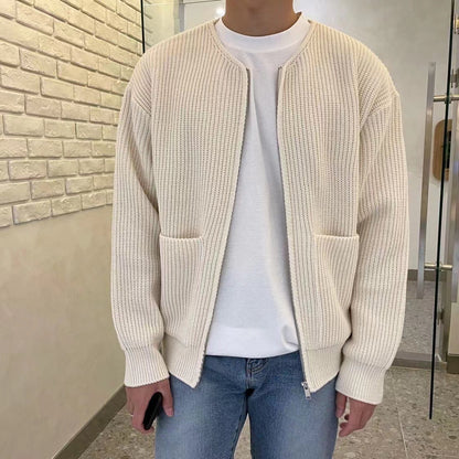 Herren-Strickjacke mit Reißverschluss, gefüttert, Trichterhals, Pullover, Taschen, Mantel, für alle Jahreszeiten, bequem, weich, lange Ärmel