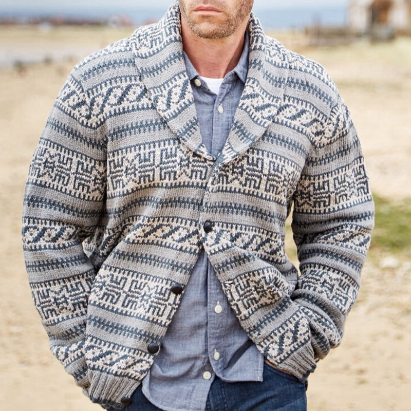 Amazon Europäische und amerikanische neue Herrenbekleidung Herbst Winter Herren verdickter Jacquard-Revers Langarm-Strickjacke Wollmantel BK0019