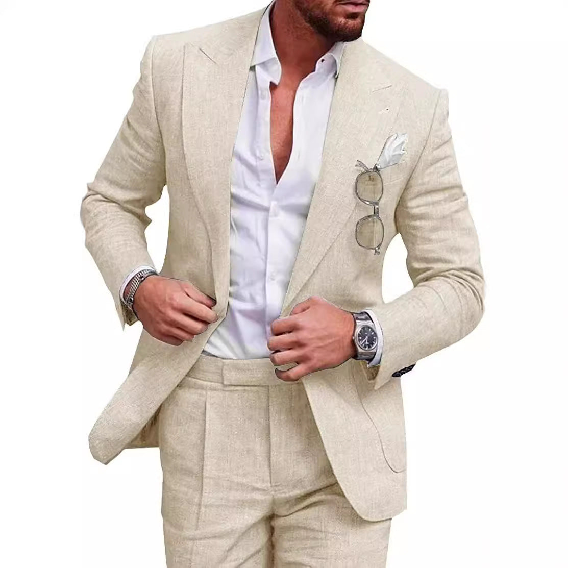 Men's Large Single Row One Button Solid Color Suit Two-piece Set - ARCHSHOPE