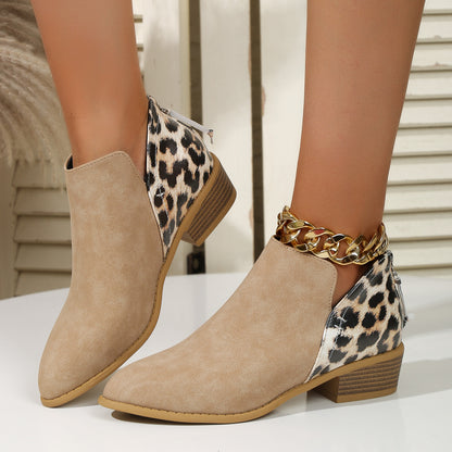 Fashion Leopard Print Boots Women Pointed Toe Chunky Heel Back Zipper Shoes - ARCHSHOPE