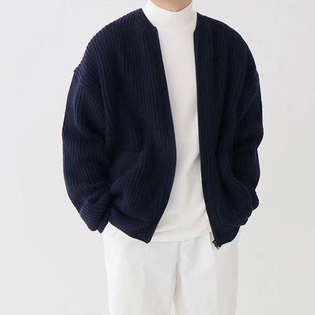 Herren-Strickjacke mit Reißverschluss, gefüttert, Trichterhals, Pullover, Taschen, Mantel, für alle Jahreszeiten, bequem, weich, lange Ärmel