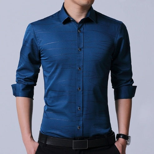 Chemise homme en coton micro-élastique sans repassage, coupe slim, manches longues, bleu