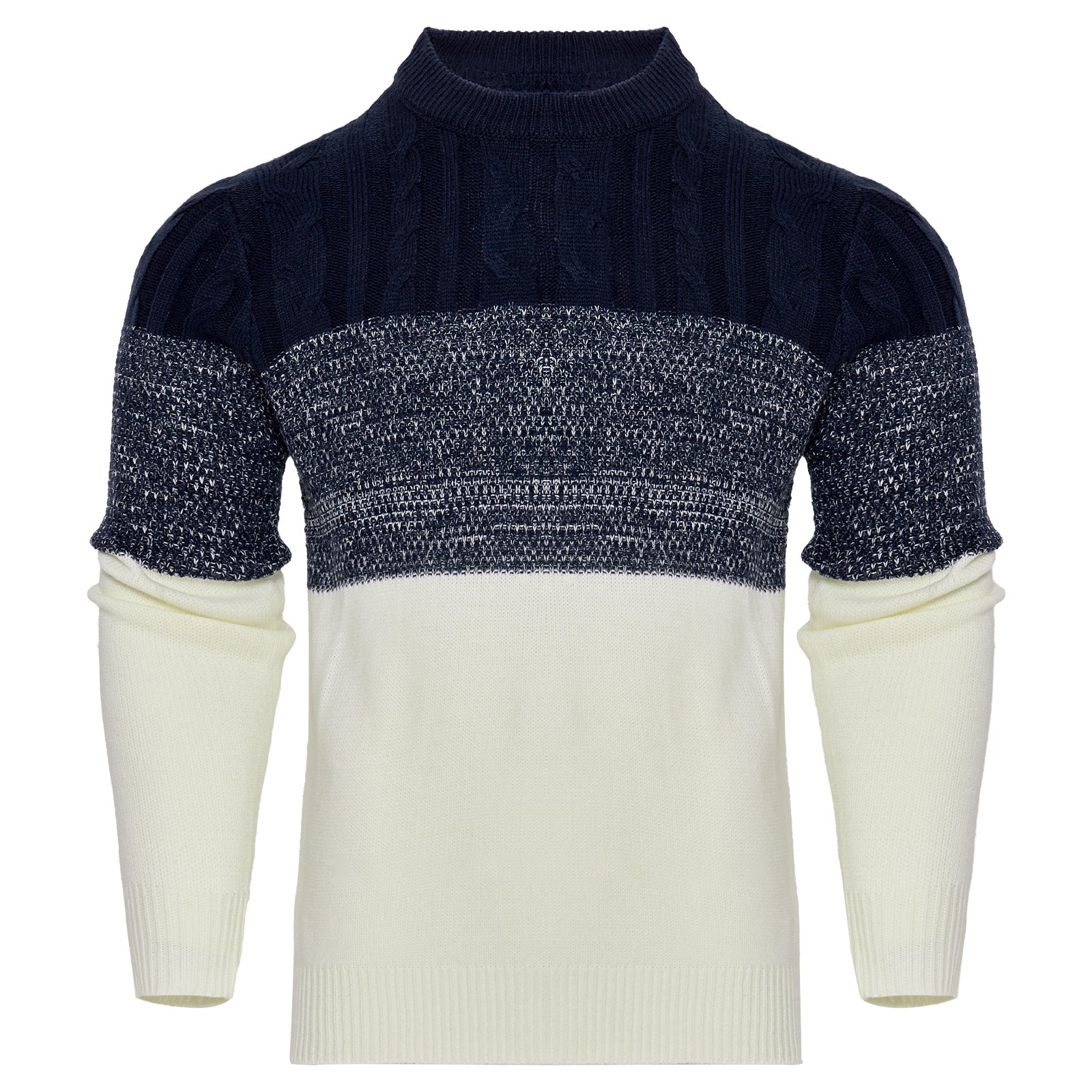 Men's Casual Color Block Long Sleeve Cable Knit Pullover Sweater - ARCHSHOPE