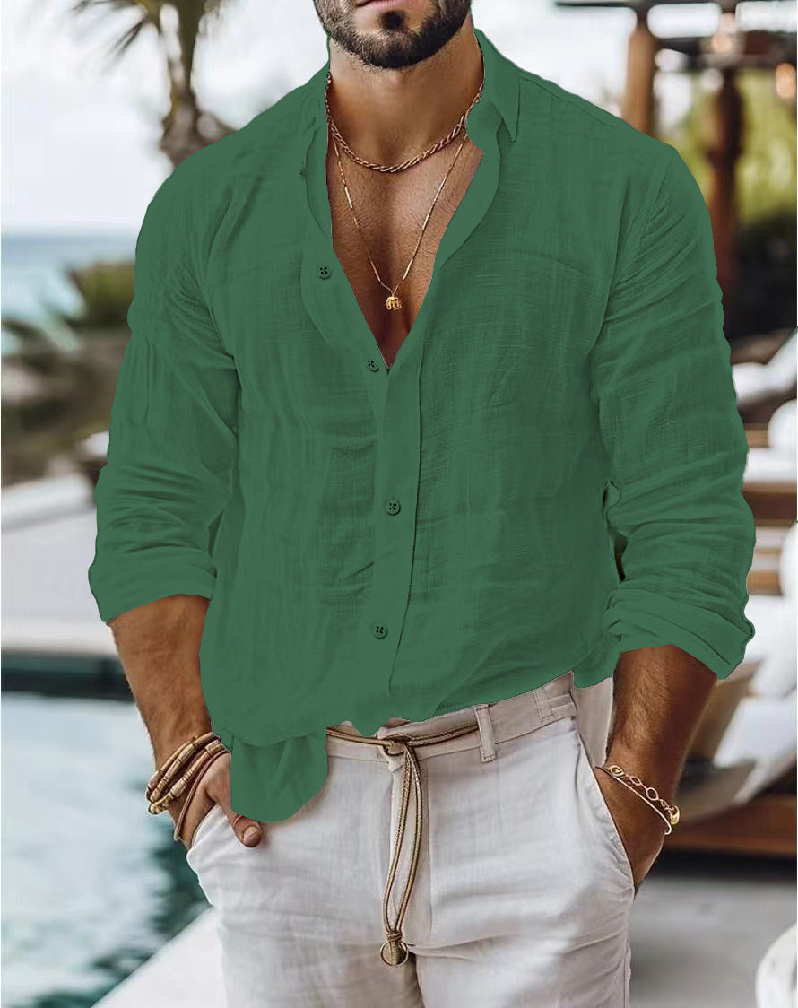 Men's Solid Color Cotton Linen Shirt Casual Style Long Sleeve - ARCHSHOPE