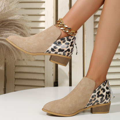 Fashion Leopard Print Boots Women Pointed Toe Chunky Heel Back Zipper Shoes - ARCHSHOPE