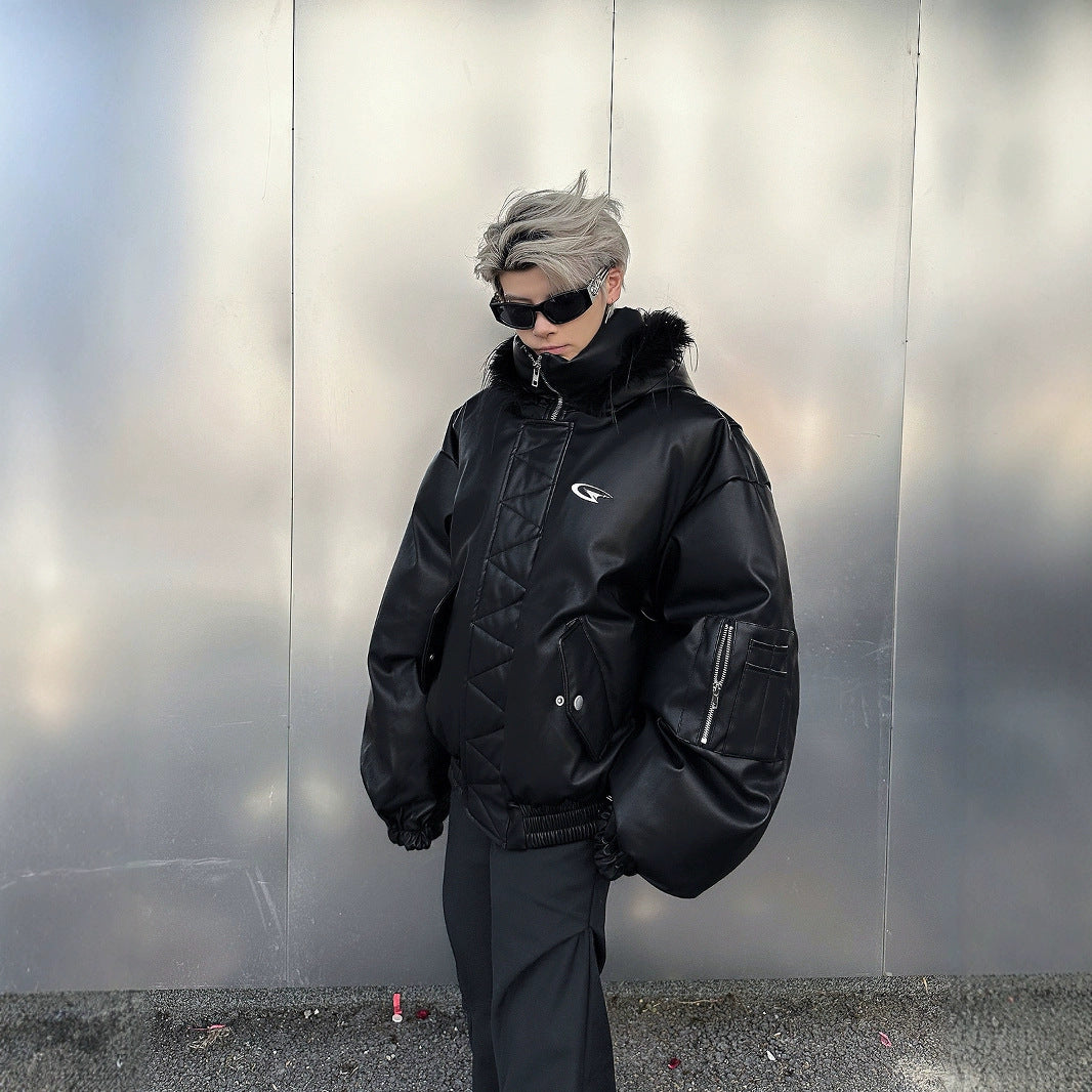 Manteau à capuche en cuir synthétique et coton, haut chaud et ample
