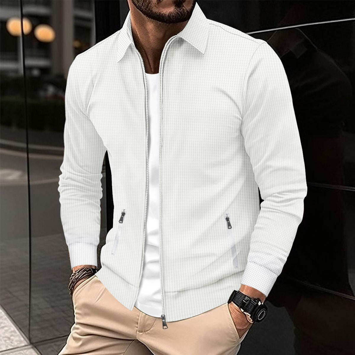 Men's Spring And Autumn Youth Waffle Zipper Pocket Lapels Slim-fit Cardigan Men's Jacket Coat - ARCHSHOPE