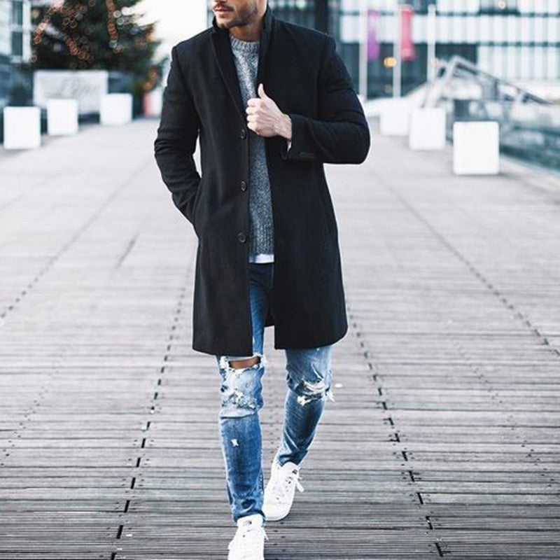 Fashion Winter Men's Trench Long Jackets Coats Overcoat Classic Jackets Solid Slim Fit Outwear Hombre Men Clothes Khaki Black - ARCHSHOPE
