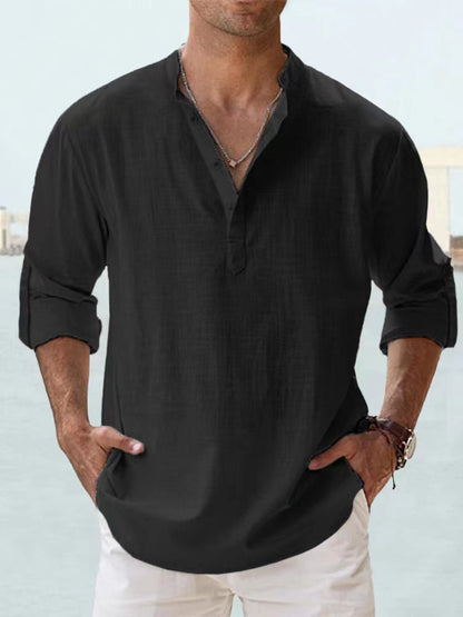 Men's Linen Stand-up Collar Long Sleeve T-shirt Loose Undershirt - ARCHSHOPE
