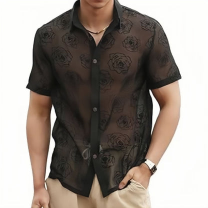 Herren Rose Flower Mesh Durchsichtiger Knopf Kurzarm