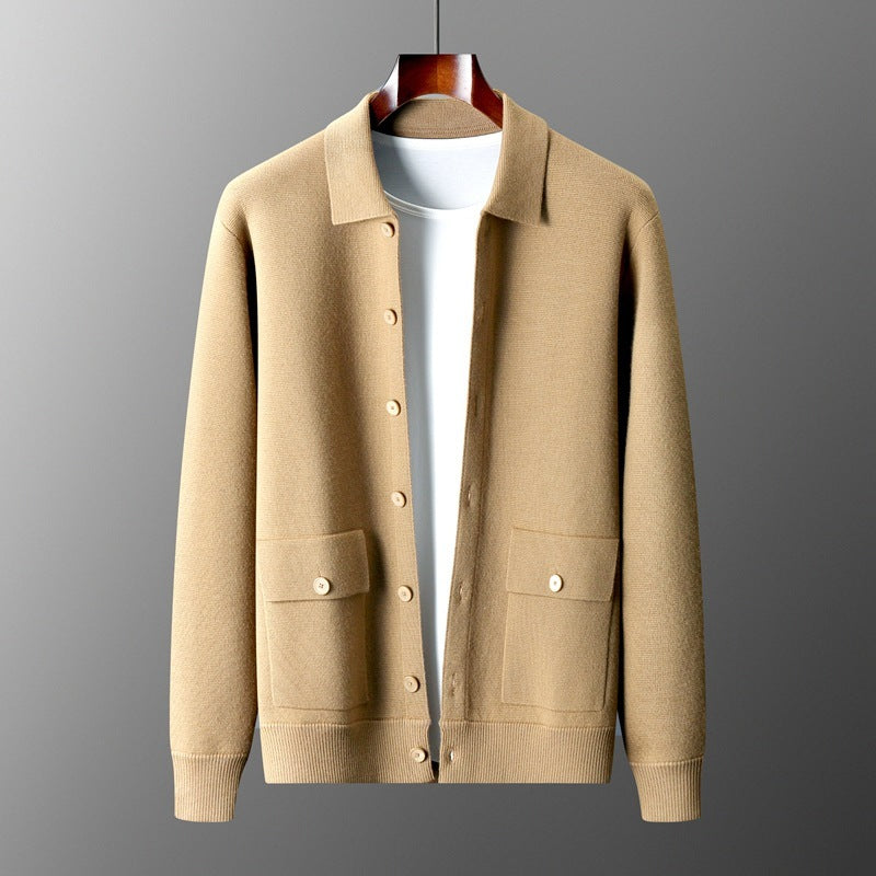Cardigan en laine à col polo pour homme, couleur unie, automne-hiver, rétro, poche, manteau épais