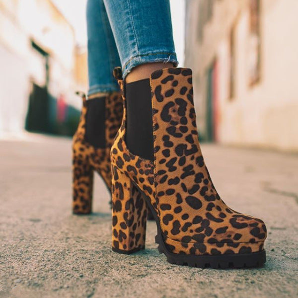 Round-toe Ankle Boots Solid Leopard Print Thick Square High Heel Shoes Ladies Casual Fashion Autumn Winter Suede Dress Party Boots - ARCHSHOPE