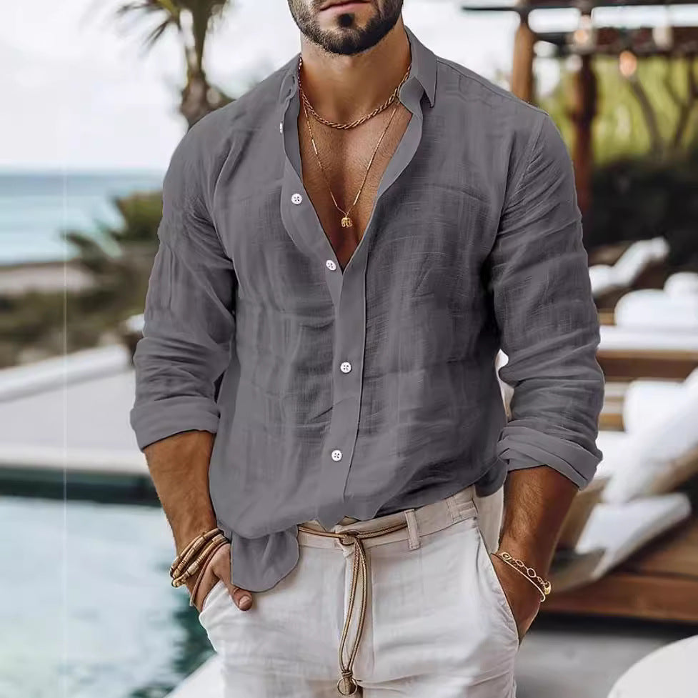 Men's Solid Color Cotton Linen Shirt Casual Style Long Sleeve - ARCHSHOPE