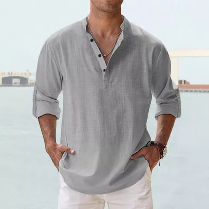 Men's Linen Stand-up Collar Long Sleeve T-shirt Loose Undershirt - ARCHSHOPE