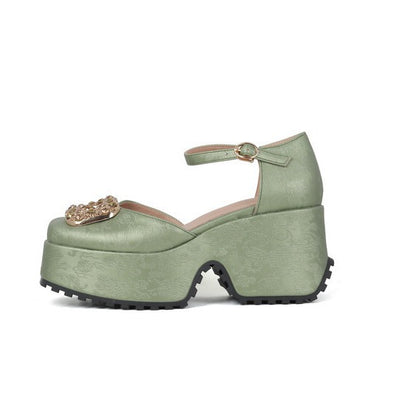New Chinese Style Jacquard Square Toe Chunky Heel Womens Shoes