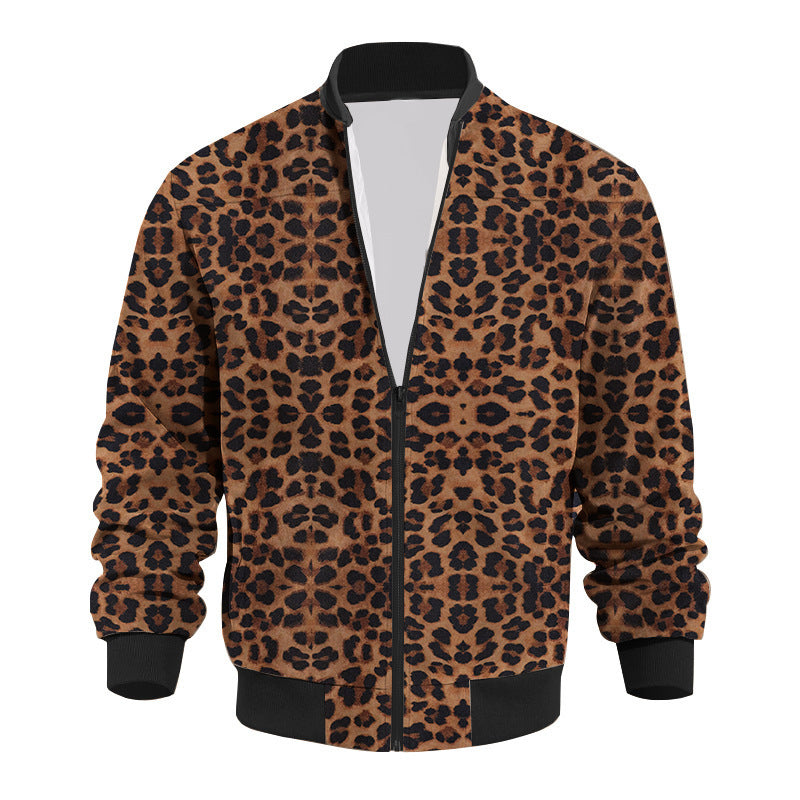 Herbst Vintage Leopard Print Muster Herren Reißverschlussjacke Fleecegefüttert Langarmmantel
