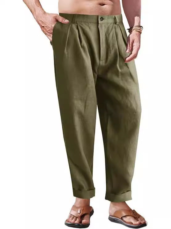 Men's Linen Trousers Double Pleated Front Pocket Straight Pure Color Comfort Breathable Casual - ARCHSHOPE