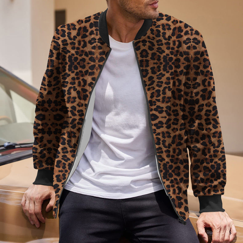 Herbst Vintage Leopard Print Muster Herren Reißverschlussjacke Fleecegefüttert Langarmmantel
