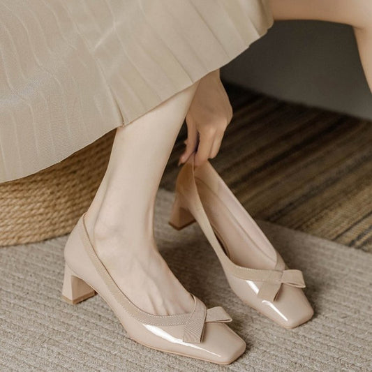 2026 New Spring Women's Pumps, Square Toe Block Heel, Bow Patent Leather, French Style Nude Heels, Elegant Shoes For Dresses - ARCHSHOPE