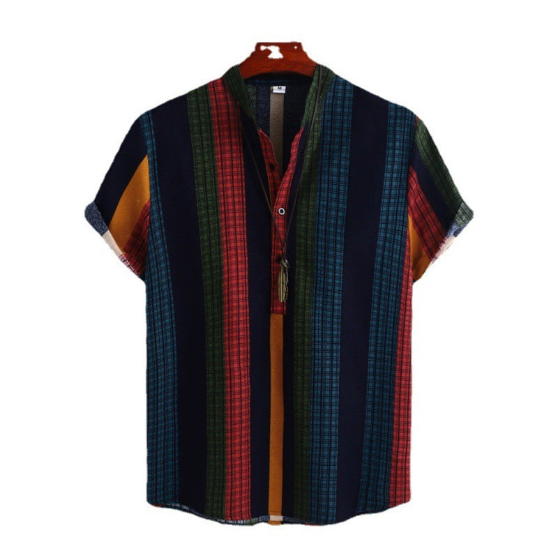 Chemise homme à col montant, style ethnique, rayée, en coton et lin, décontractée, à manches courtes
