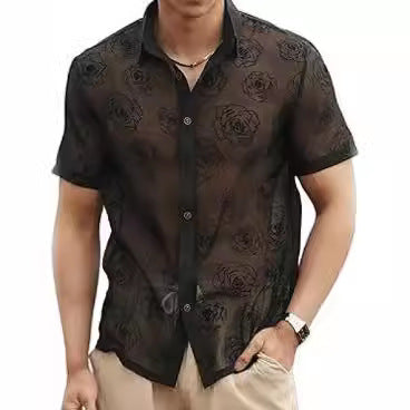 Herren Rose Flower Mesh Durchsichtiger Knopf Kurzarm