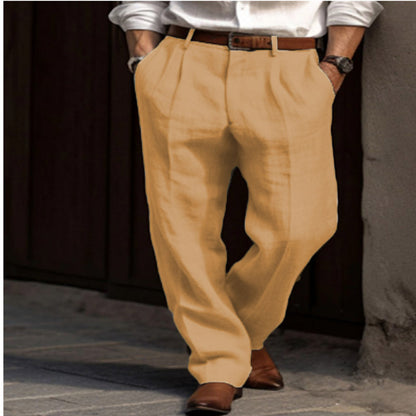 Men's Linen Trousers Double Pleated Front Pocket Straight Pure Color Comfort Breathable Casual - ARCHSHOPE
