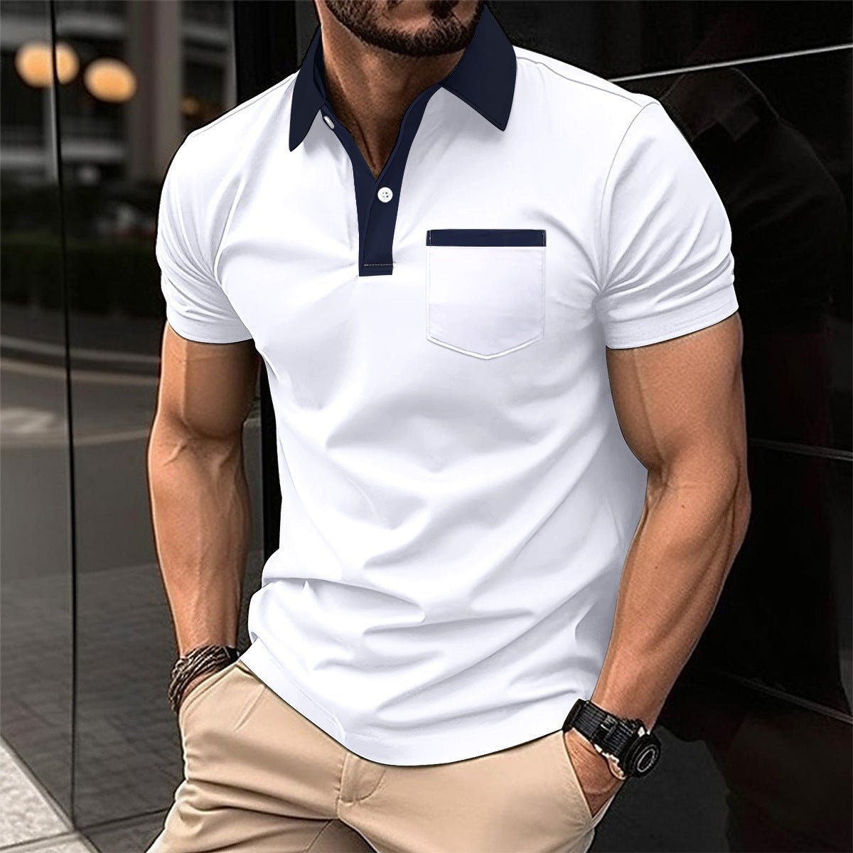 Revers Fashion Slim Pocket Kurzarm T-Shirt Poloshirt Herrenbekleidung