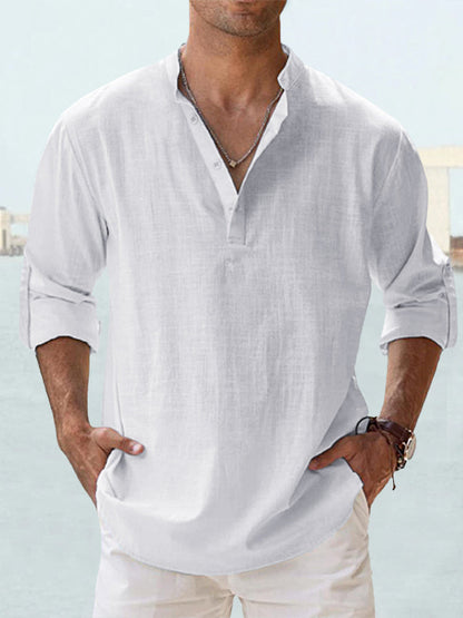 Men's Linen Stand-up Collar Long Sleeve T-shirt Loose Undershirt - ARCHSHOPE