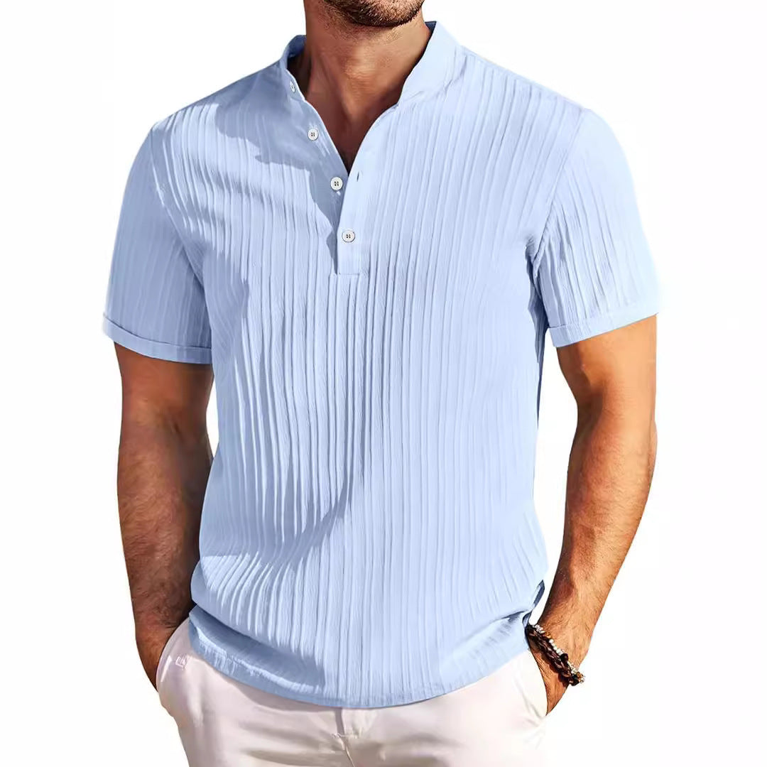 T-shirt d'été à manches courtes et col montant, à rayures de couleur unie, style polo décontracté, vêtement de plage pour homme