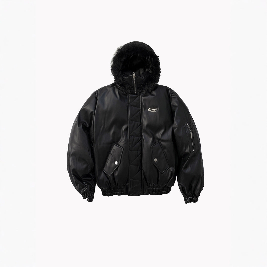 Manteau à capuche en cuir synthétique et coton, haut chaud et ample