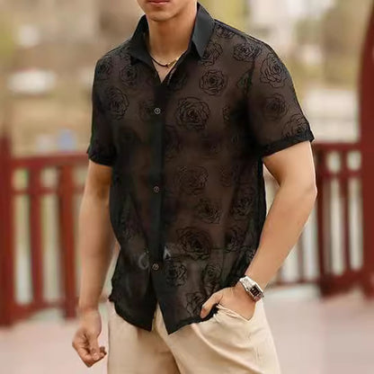 Herren Rose Flower Mesh Durchsichtiger Knopf Kurzarm