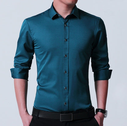 Chemise homme en coton micro-élastique sans repassage, coupe slim, manches longues, bleu