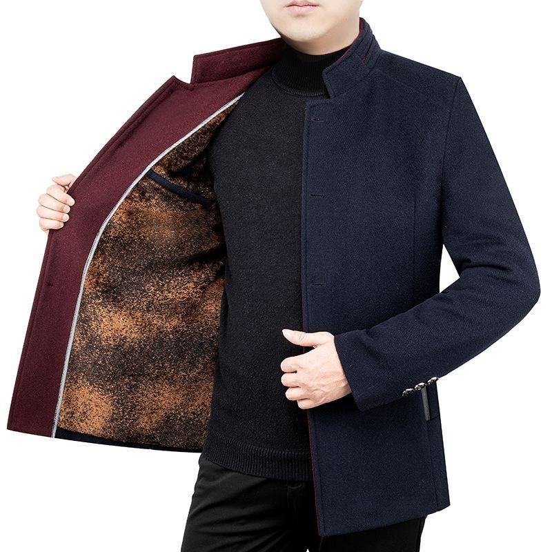Manteau en laine pour homme d'âge moyen, col montant en velours, vêtement pour papa, automne et hiver, polaire rembourrée