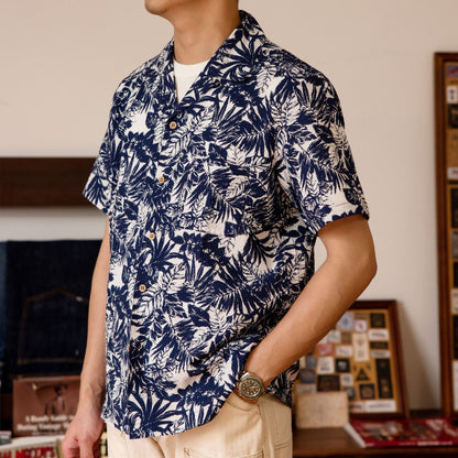 Vintage Printed Seersucker Cuban Collar Shirt