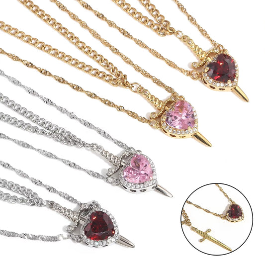 New Heart And Sword Necklace Set Gold Color Stainless Steel Crystal Couple Necklaces For Women Men Boyfriend Girlfriend Gifts - ARCHSHOPE