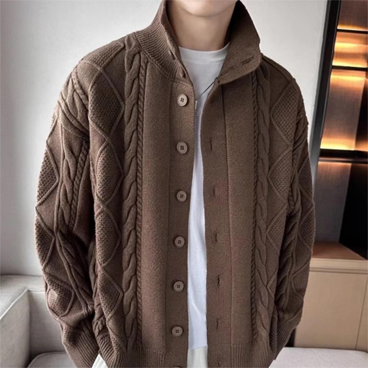 Einfarbiger prismatischer karierter Pullovermantel, lockerer All-Match-Revers, langärmelige Strickjacke