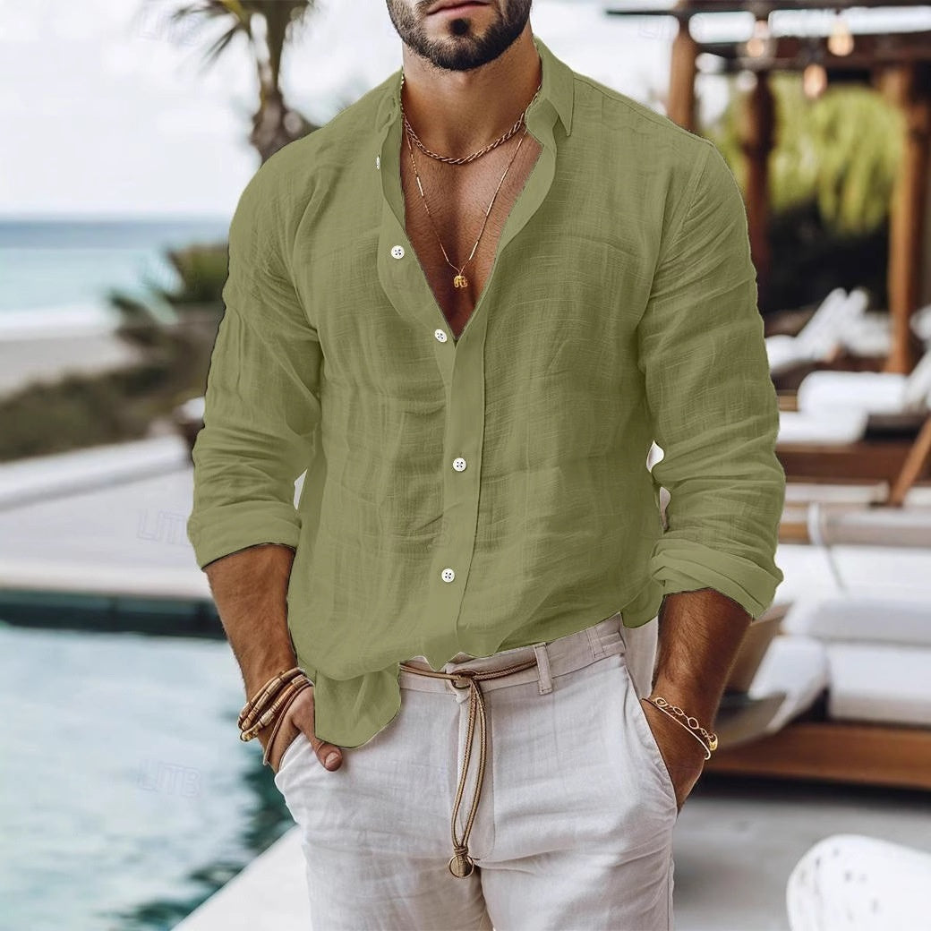 Men's Solid Color Cotton Linen Shirt Casual Style Long Sleeve - ARCHSHOPE