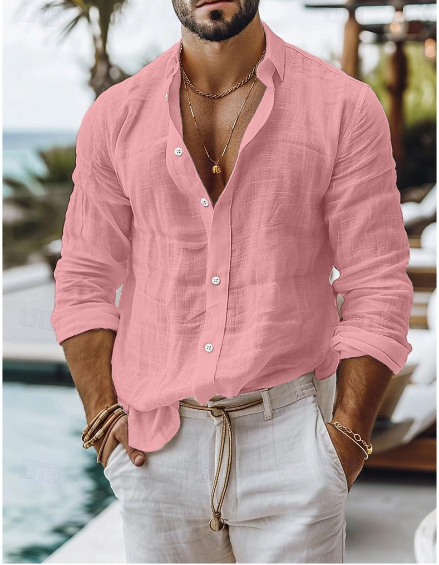 Men's Solid Color Cotton Linen Shirt Casual Style Long Sleeve - ARCHSHOPE