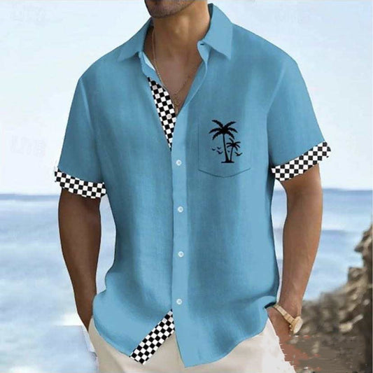 Geometric Stripe Element Coconut Tree Printed Shirt Men - ARCHSHOPE