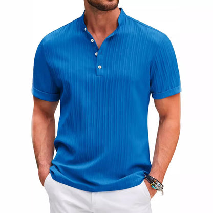 T-shirt d'été à manches courtes et col montant, à rayures de couleur unie, style polo décontracté, vêtement de plage pour homme
