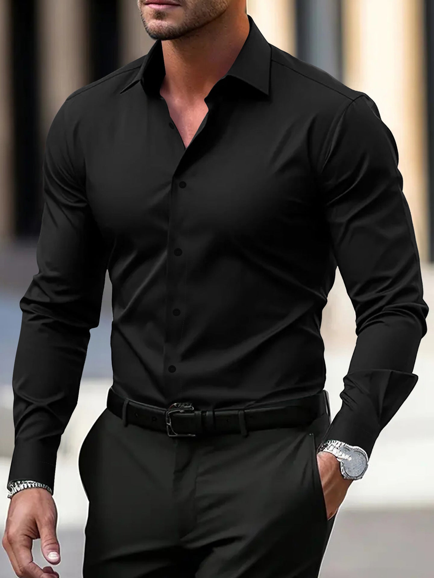 Men's Shirt Business Button Down Shirt Summer Solid Color Long Sleeve Lapel Vacation Shirt Fashion Temperament Casual Tops - ARCHSHOPE