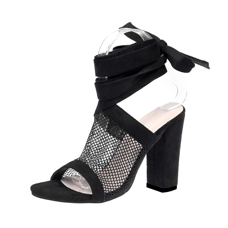 Women Sandals Bandage Flock Cross Strap Lace Up High Heels Sandal - ARCHSHOPE