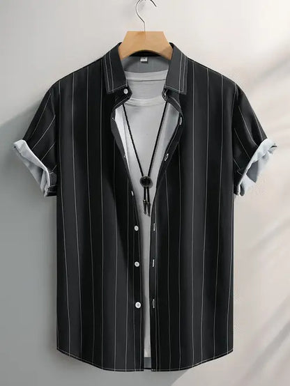 Chemise à manches courtes et col montant pour homme, tendance été, rayures