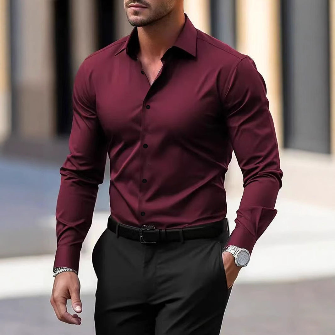 Men's Shirt Business Button Down Shirt Summer Solid Color Long Sleeve Lapel Vacation Shirt Fashion Temperament Casual Tops - ARCHSHOPE