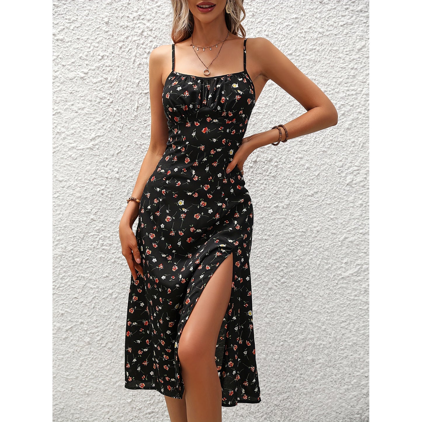 New Polka Dot Print Suspender Dress Summer Sexy Split Long Dresses For Womens Clothing - ARCHSHOPE