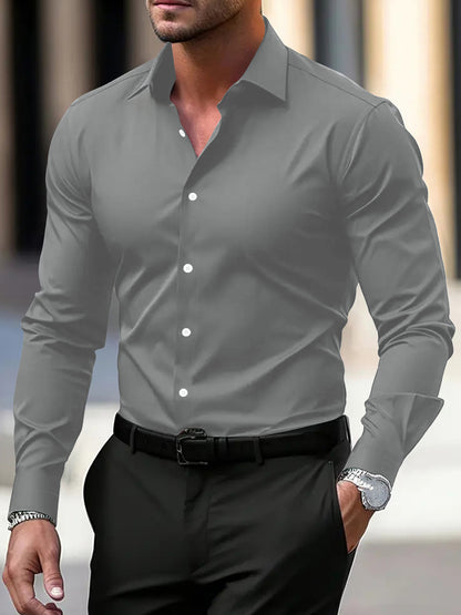 Men's Shirt Business Button Down Shirt Summer Solid Color Long Sleeve Lapel Vacation Shirt Fashion Temperament Casual Tops - ARCHSHOPE