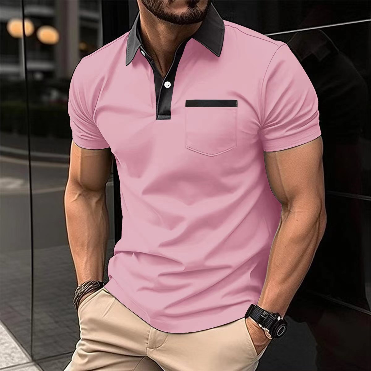 Revers Fashion Slim Pocket Kurzarm T-Shirt Poloshirt Herrenbekleidung