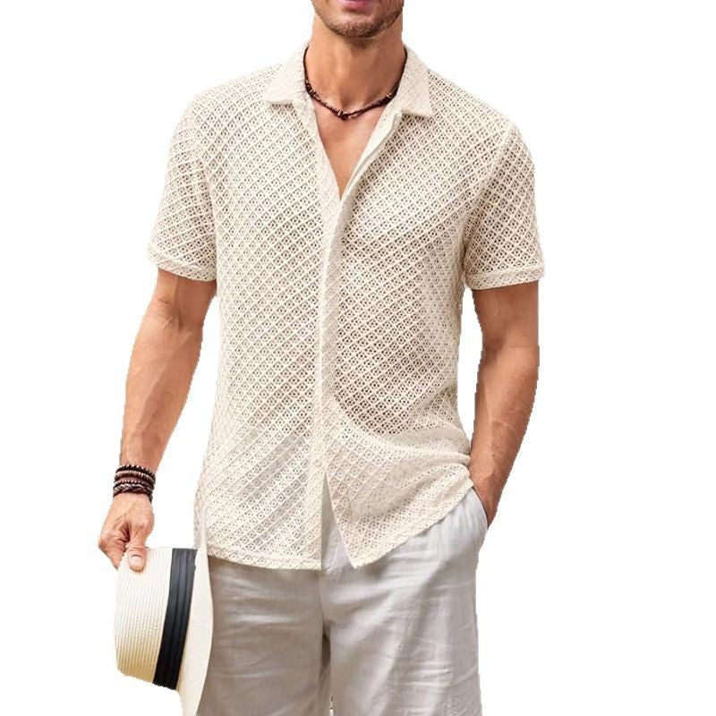 Summer Mesh Short Sleeve Shirt Fashion Solid Color Lapel Shirt Tops Beach Men Clothing - ARCHSHOPE
