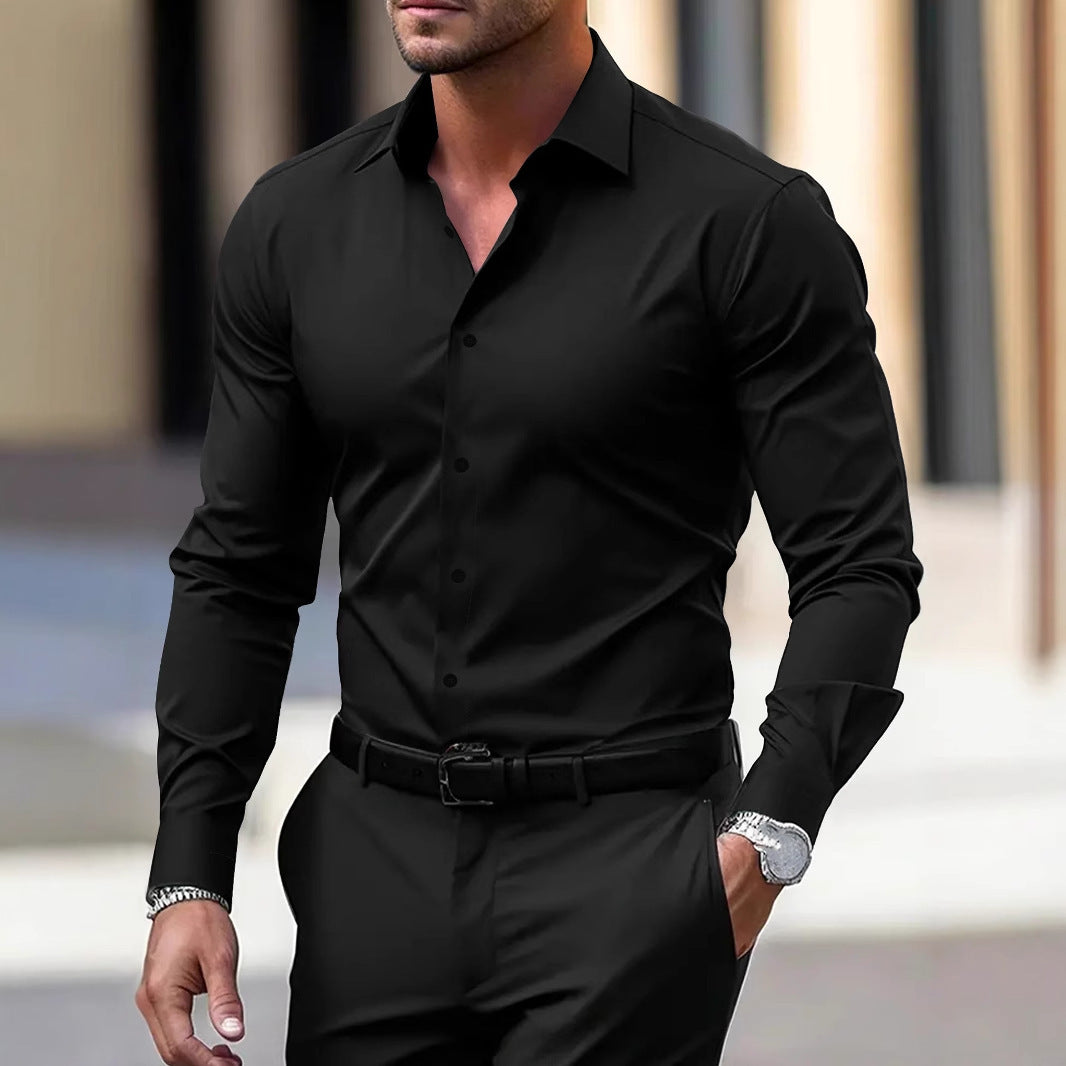Men's Shirt Business Button Down Shirt Summer Solid Color Long Sleeve Lapel Vacation Shirt Fashion Temperament Casual Tops - ARCHSHOPE